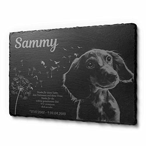CHRISCK design Grabstein Gedenkstein aus Schiefer Grabplatte mit Gravur Regenbogen 30x20 cm | Gedenktafel für Haustiere Hund Katze personalisiert | Gedenkplatte Grabschmuck Urne Andenken wetterfest