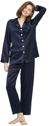 LilySilk Pijama clásico, mangas largas con puños con bandas, 100% pura seda natural de morera [2Pcs Set] para mujer Medio Azul Marino