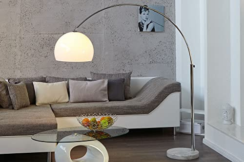 Licht-Erlebnisse Retro Lampe Bogenleuchte beweglich höhenverstellbar Kugel Schirm Weiß Chrom Marmor Fuß Wohnzimmer