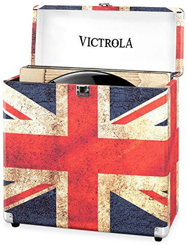 Victrola Collector – Caja para discos de vinilo con capacidad para 30 LPs, herrajes resistentes, esquinas metálicas y asa portátil (Bandera del Reino Unido)
