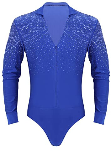 iiniim Herren Body Overall V-Ausschnitt Langarmshirt Unterhemd Tops mit Strass Tanzbody Ballerina Latein Eiskunstlauf Tanzkleidung Royal Blau L