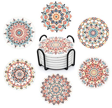 STARUBY Drink Coasters Set of 6 Ceramic Coaster Beautiful Absorbent Coaster Drink Mat with Cork Base vintage Flower Patterns Round Coaster Non Slip for Coffee,Beer,Mug,Wine Glass Bottle,Home and Bar