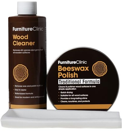 Wood Wax Kit - Use to Clean, Wax, Polish & Protect All Items Such as Furniture, Worktops & Doors - Contains 250ml Wood Cleaner, 200ml Clear Beeswax Polish, Lint Free Cloth