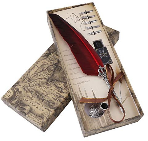 Tyenaza Feder und Tinte Set, Glitzernde Federkiel Pen Set Antike Kalligraphie Dip Pen mit Tinte Flasche, 2 Ersatz-Federn, Pen Stand Base, Luxus Vintage Signature Pen (Rot)