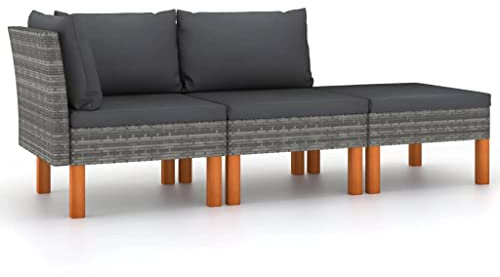 vidaXL Eukalyptusholz Massiv Gartenmöbel 3-TLG. Mittelsofa Ecksofa Fußhocker Sitzgruppe Sofa Lounge Garten Garnitur Gartenset Gartensofa Poly Rattan