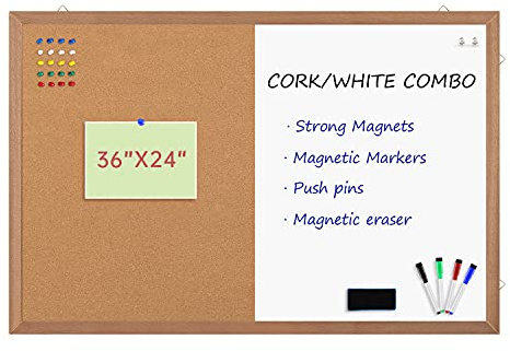 Combination Magnetic Whiteboard Cork Bulletin Board, 36x24 Inches Combo Dry Erase White Board Cork Pin Board for Wall with Natural Wood Frame…