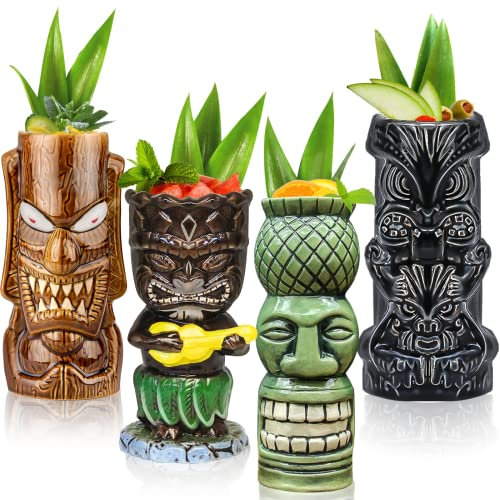 Tiki MugsJuego de 4 tazas tiki para cócteles tazas tropicales de cerámica grandes fiesta hawaiana tiki cóctel copas bebidas bar vasos tropicales
