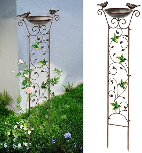 SUNNYPARK Antique Garden Iron Trellis with Decorative Hummingbirds Detachable Bird Bath Bowl Metal Potted Plant Support for Climbing Flowers