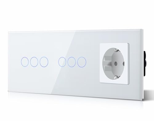 BSEED Touch Lichtschalter mit Stekdose aus Glas, Modern Schlater und Wandsteckdosen, KEIN WLAN, 3 Fach 2 Wege+3 Fach 2 Wege+Steckdose, 228mm Weiß