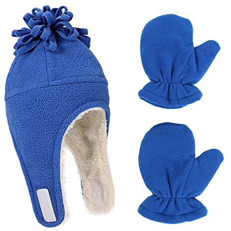 LACOFIA Cappellini Beanie e Manopole Caldo Pile per Neonato Berretto da Pilota Invernale con Paraorecchie e Guanto da Bambino Blu 3-10 Anni