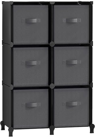 SONGMICS Clothes Storage Unit with Storage Boxes, 6 Non-Woven Fabric Cubes for Shelves, Customisable, Expandable, Space-Saving, Bedroom, Ink Black and Dove Grey LPC062B01