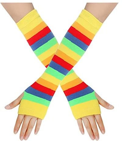 SHTGOI 1 Paar Damen Handschuhe Lange Regenbogen Strickhandschuhe Bunte Streifen Fingerlose Handschuh Elastische Stricken Arm Wärmer für Halloween Weihnachten Party Kostüme Zubehör Gelb