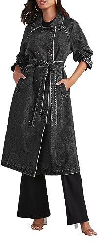 Suncolour Giubbotti Trench in Denim da Donna Trench Lungo Jean Doppiopetto Abiti in Denim di Media Lunghezza con Cintura