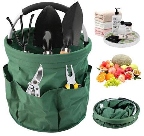 Sporgo 17L Gartentasche für Gartenwerkzeug: Faltbar Gartengerätetasche 600D Oxford Stoff Garten Werkzeugtasche, Gartenkorb mit 1 Hauptfach und 6 Außentaschen, Aufbewahrungskorb für Gartengeräte (Grün)