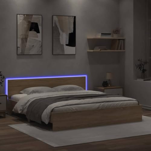 LAPOOH Bettgestell mit Kopfteil und LED-Beleuchtung Sonoma-Eiche, Bett, Bed Frame, Familienbett, Bettrahmen, Bett Gestell, Bett Rahmengestell, Schlafzimmer Bett - 3207590