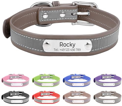 Reflektierend Halsband für Hunde aus Leder Personalisierte Hundehalsband mit Namen Gravur Dunkelblau Halsband mit Namenschild für den kleinen Hund, Hundehalsbänder S
