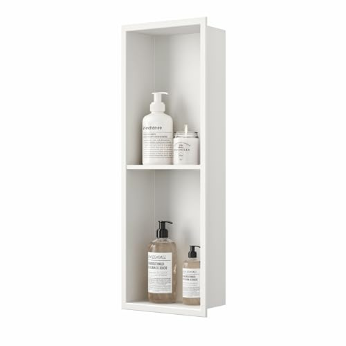 Neodrain 24X8In Modern Recessed Wall Mount Bathroom Storage Shelf, 2 Layers, Polished Stainless Steel, Rust Proof, No Tile Needed, Wall Niche for Shower