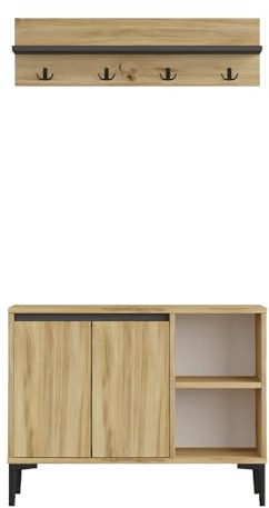 Rebecca Mobili Set da Ingresso, Scarpiera con Appendiabiti, Color Rovere Grigio Scuro, Truciolato PVC, 2 Pezzi, Stile Moderno, Salvaspazio - Misure HxLxP: 68,5 x 90 x 35 cm - Art. RE7090