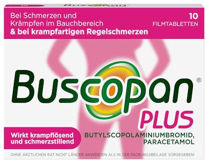 Buscopan PLUS Filmtabletten 10 Stk. Bei Regelschmerzen. Auch bei stärken Beschwerden. Zweifach Wirkung: krampflösend und schmerzstillend. Wirkbeginn innerhalb 15 Minuten