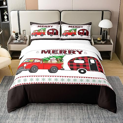 Loussiesd Weihnachten Bettbezug Set mit 2 Kissenbezug Weihnachten Bettbezug Set Schneemann Auto Betten Set Frohe Weihnachten Baumwolle Bettwäsche Set 220x240cm für Jungen Mädchen Kinder Erwachsene