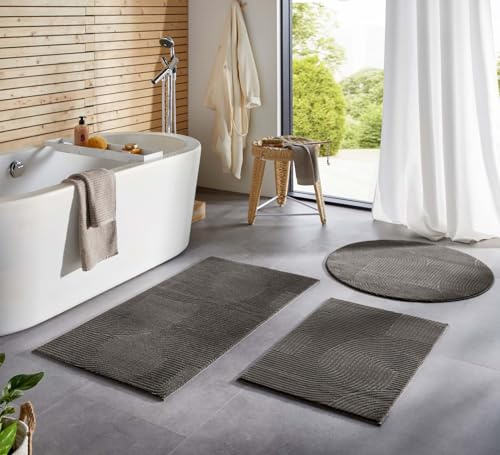 Taracarpet Badematte Homestyle rutschfest waschbar Badezimmerteppich Bad-Vorleger, WC Deko, Duschvorleger für Dusche und Badewannen sehr weich und kombinierbar Anthrazit Wellen 050x080 cm