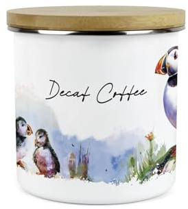 Purely Home Puffins on the Rocks Decaf Coffee Storage Canister - Coastal Sea Birds Homewares Presents - Tea/Coffee/Sugar Metal Enamel Hot Drinks Storage Container Gifts