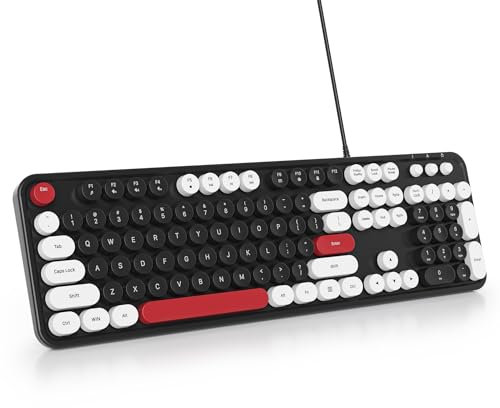 SbocKeeb Tastiera Retrò Macchina da Scrivere, Tastiera Membrana pc con Filo Cablata USB， Fullsize con Tasti Rotondi Mobili, Americana QWERTY per Laptop, Ufficio, PC, Desktop, Windows