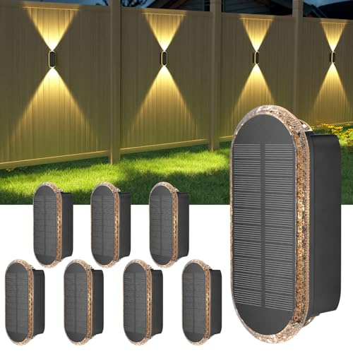 Ellasay 8 Pack Fence Lights Solar Powered, Up and Down Focus LED Solar Wall Lights Outdoor, IP67 Waterproof Solar Lights for Outside Patio, Backyard,Porch,Railing,3 Color Modes