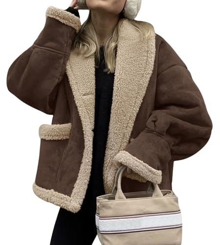loveimgs Women Oversized Sherpa Lined Leather Jacket Faux Suede Fleece Shearling Coat Winter Biker Aviator Jacket Overcoat, Dark Brown, Medium