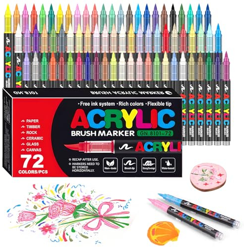 Gunsamg 72 Colori Pennarelli Acrilici per Pittura su Pietra, Vetro, Legno, Ceramica, Tessuto, Metallo, Tela e Carta