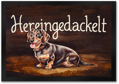 speecheese Hereingedackelt Fußmatte in 35x50 cm mit Dackel Aquarellgemälde-Stil auf hölzernem Hintergrund Mit Halsband geschwungener Schriftart Stilvoll dunkler Charme für Ihr Zuhause