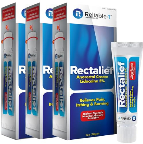 Rectalief 5% Lidocaine Hemorrhoid Cream (Max Non-RX Strength) Reliable-1 Laboratories Soothing Anorectal, Numbing Hemorrhoidal Ointment - Pain, Itching, & Burning, Strongest OTC Anal Treatment, 3-Pack
