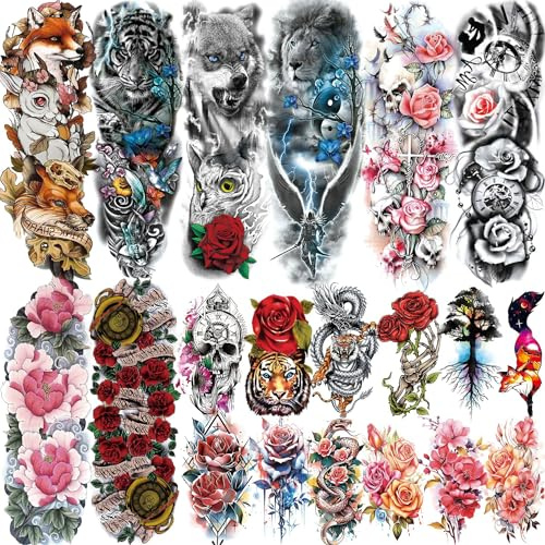 20 Blätter Bunt Sexy Rose Blume Temporäre Tattoos Damen Klebetattoos Erwachsene Mädchen, Lotus Blumen Tattoos Zum Aufkleben Frauen Wolf Löwe Tiger Fuchs, 3D Aquarell Halloween Fake Tattoo Aufkleber