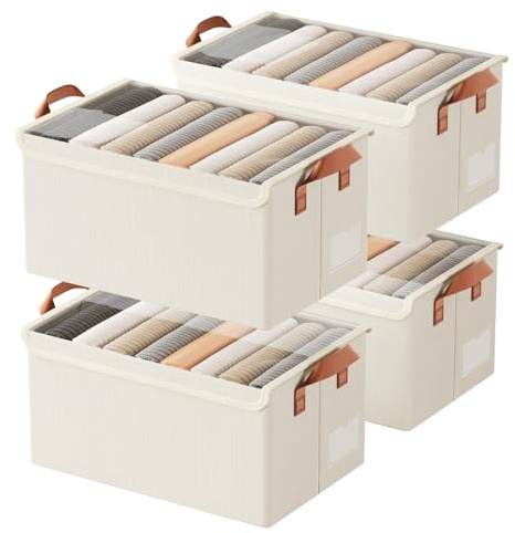 AARAINBOW Stoff Aufbewahrungsbox Für Kleidung Spielzeug, 4 Stück Faltbare Aufbewahrung Box Für Schränke Regale, mit Deckel & Griff, 40x27x21cm (4 Weiß)