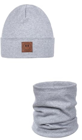 Ander Beanie - Conjunto de bufanda para niños y bucles Smile, gorro y bufanda tubular de algodón, primavera y otoño, unisex, suave y elegante, gris claro, 48-52