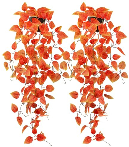 Paquete de 2 plantas colgantes artificiales pequeñas, planta de vid falsa de 39 pulgadas de largo, follaje de otoño - Potos artificiales naranja para decoración de estantes, ideal para el hogar
