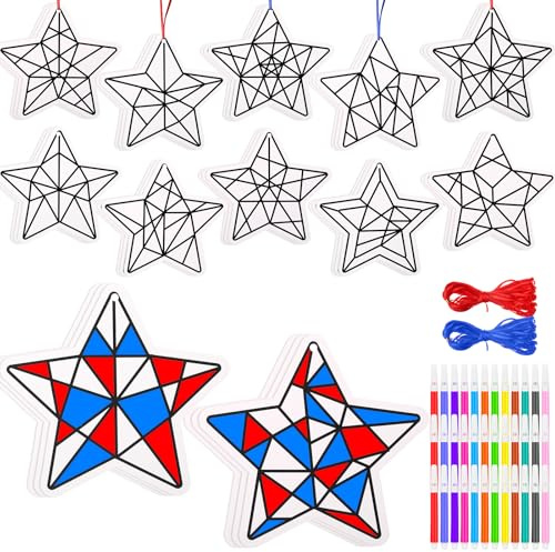 Motipuns 36 Set 4th of July Crafts Kit with Watercolor Pen, Color Your Own Patriotic Star Kit Suncatchers Craft Independence Day DIY Ornaments for Geometric Card Classroom Activity Art Craft Project
