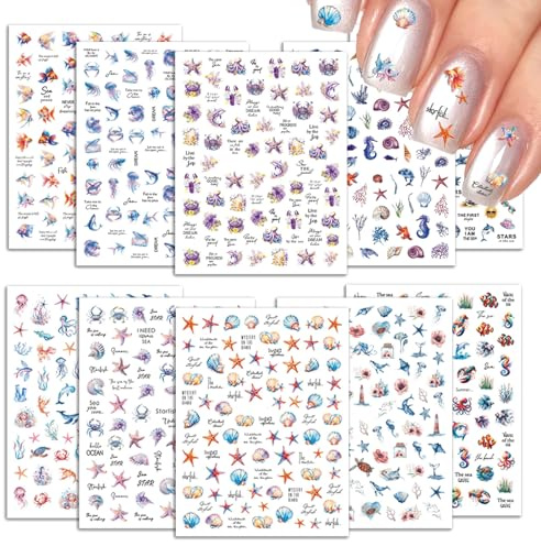 BSITSSS 10Blatt Ozean Nagelsticker,Meerestiere Nagelaufkleber Selbstklebend | Nagelsticker Selbstklebend Ozean,3D Meerestiere Nail Sticker, Nagel Aufkleber Sticker für Frauen DIY Nageldesign Dekoration