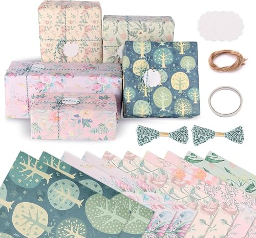 Luxoraiova Set di 10 fogli di carta da regalo, carta da regalo, carta da regalo, fiori vintage, con corda di canapa e ciondolo di carta kraft per uomini, donne, ragazze e ragazzi