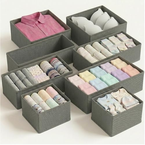 QINGGENG Schubladen Organizer, Faltbare Schubladenorganizer für kommode, Schrank, Stabiler Kleiderschrank Ordnungssystem für Kleidung, Unterwäsche, BH, Socken, Tshirt, grau, 8er Set