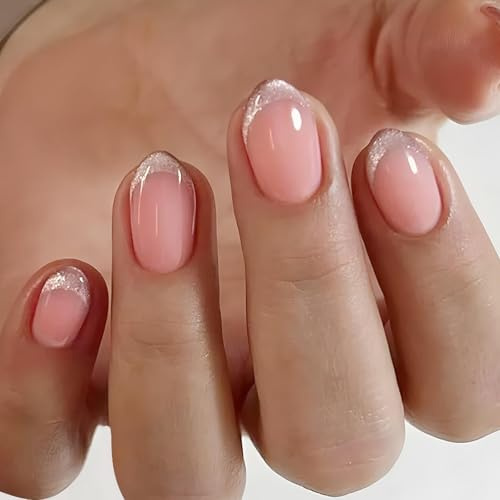 Xanthelle Press on Nails, Unghie finte nude corte a mandorla con design French glitter, set di unghie artificiali per l'estate, DoNails unghie finte per donne