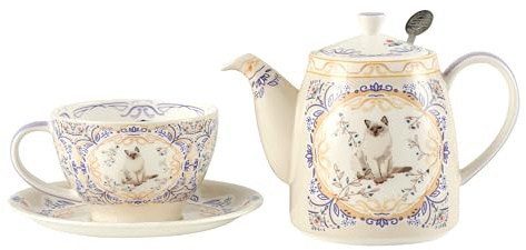 London Pottery Service à thé Aternoon en porcelaine anglaise pour 1 personne, théière, tasse et soucoupe à motif animal (chat)