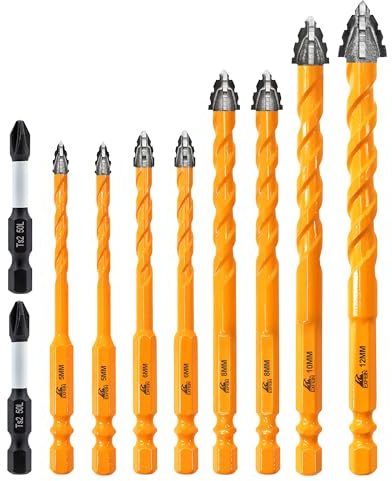 Upgraded Masonry Drill Bits Set 5*2/6*2/8*2/10/12mm, EXFEIN Serrated Drill Bits Set - 8-Piece Carbide Drill Bits and 2-Piece Magnetic Screwdriver Bits for Wood Plastic Tile Concrete Brick Marble