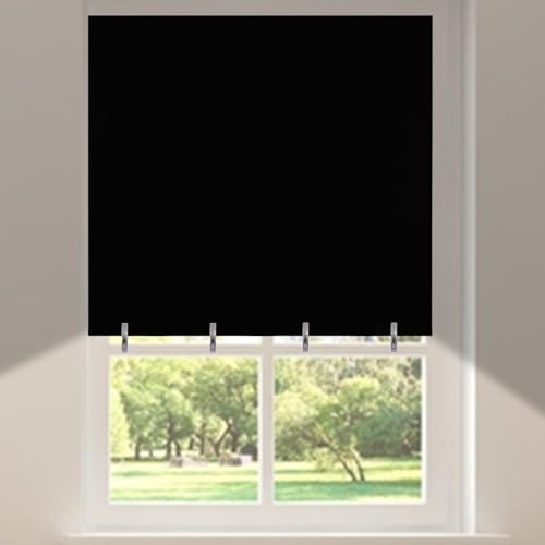 No Drill Blackout Roller Blinds Easy Fit Thermal Stick On Temporary Shades | Self Adhesive, No Screw, Perfect Fit, Black out Window Cover, For Bedroom Bathroom Kitchen Window Doors, with 4 Clips