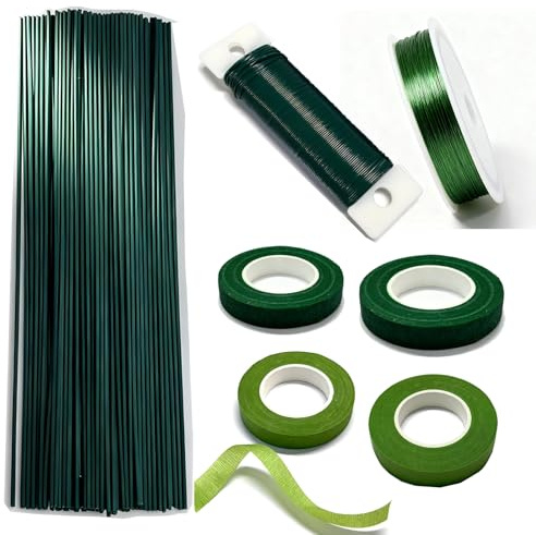 WertFix Blumendraht Grün Set 100 Stück & Floristenband, Floristendraht 2mm & 0.7mm & 0.3mm - Komplettset für Blumenarrangements, Kränze, DIY Basteln mit Künstlichen Blumen