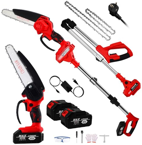 8 Pouce elagueuse sur perche sans Fil avec Moteur Sans Balais et élagueuse - Mini Tronçonneuse Lame de Scie 2 x 3000 mAh - Manche Télescopique Réglable pour le Jardin et L'élagage des Arbres