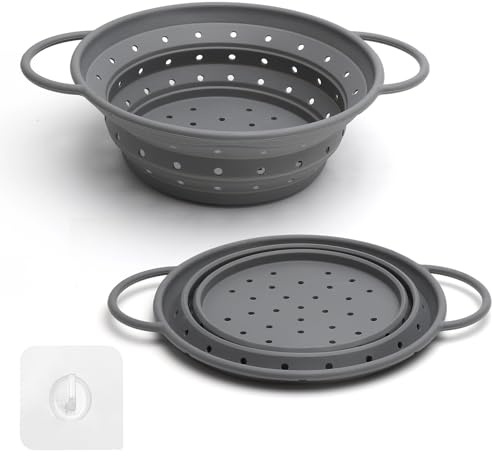 Passoire à Pâtes Pliable en Silicone avec Poignées,passoire de cuisine en silicone avec poignées, panier égouttoir,pour Pâtes, Fruits, Légumes, (Gris)