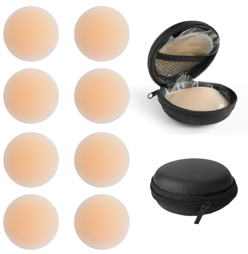 4 Pair Round Silicone Nipple Covers, 8cm Nipple Pads Invisible and Long-lasting, Reusable Nipples Shields for Women with Travel Case, Suitable for Everyday Wear, Wedding Dresses and Halter Tops
