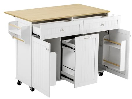 Gxffipw Mobile Kücheninsel Küchenschrank mit Klappbare Arbeitsplatte und Schubladen, Buffetschrank Küchenwagen mit Rollen und Regal, Küchenbuffet, Küchenmöbel, Schrank Weiß, 139.5x40-70x92 cm