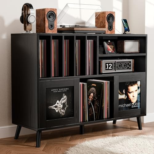 XL Record Player Stand with Sliding Doors, 500+ Vinyl Record Storage Cabinet with Charging Station & USB Ports, Mid Century Modern Record Player Table,Turntable Stand with Wood Legs for Living Room